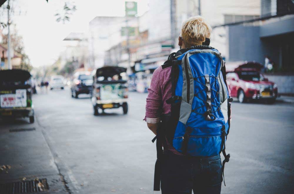 Man with backpack on